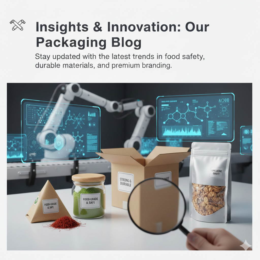 A futuristic and high-tech packaging laboratory setting. A robotic arm is shown assembling boxes in the background, while the foreground features premium food products like saffron in a triangle pack and spices in glass jars. A large magnifying glass is focused on the packaging, symbolizing quality inspection. Floating digital holographic screens display data and molecular structures, representing the 'Insights & Innovation' of modern packaging technology."
